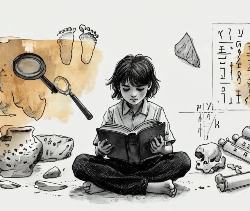 Sketch of young student studying anthropology